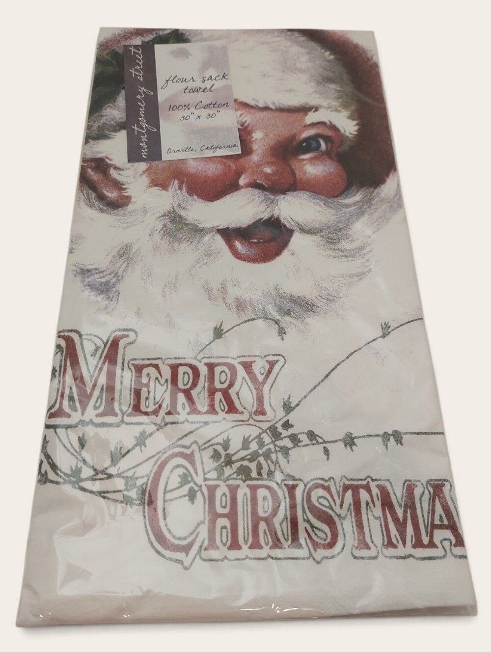 NEW Flour Sack Towel Merry Christmas Santa Design 100% Cotton Holiday Giftable